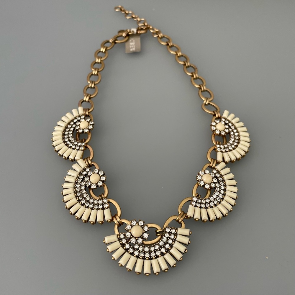 J.CREW Flower Fan Statement Necklace Art Deco Ivory Rhinestone Gold-Tone NWT